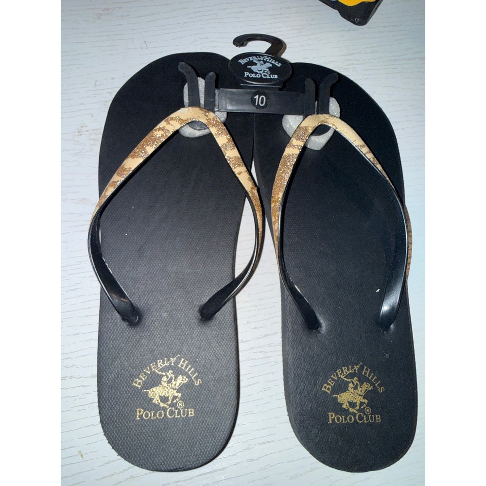 Beverly Hills Polo Club Womens Black Glitter Leopard Print Flip Flops Size 10
